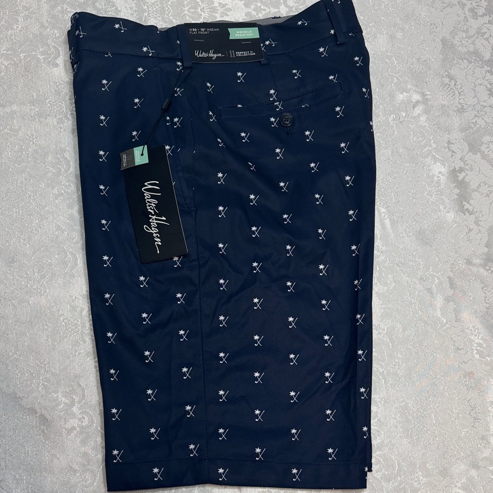 Walter Hagen Navy Swim Board Shorts with White Crossed-Club Print